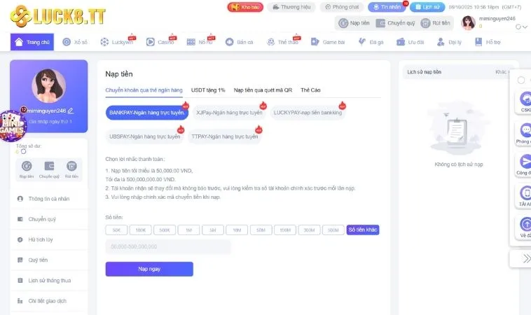Bí Kíp Nạp Tiền Luck8 Nhận Ngay Thưởng Lớn Siêu Dễ 2 Giao diện nạp tiền Luck8