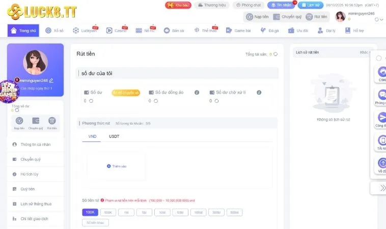 Rút Tiền Luck8 Siêu Tốc Chỉ Trong Vài Phút 2 Giao diện rút tiền Luck8