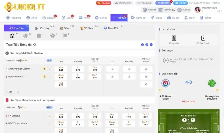 Thể Thao 1 Sảnh Thể Thao Luck8 thiết kế giao diện đẹp, chuyên nghiệp